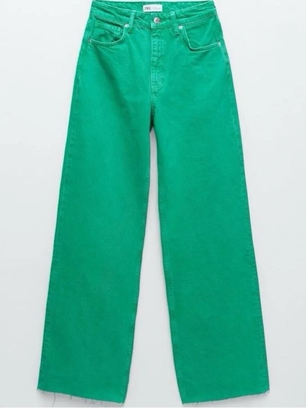 Zara Bright Green High Waisted Wide Leg Jeans Raw Hem Like New Size 4